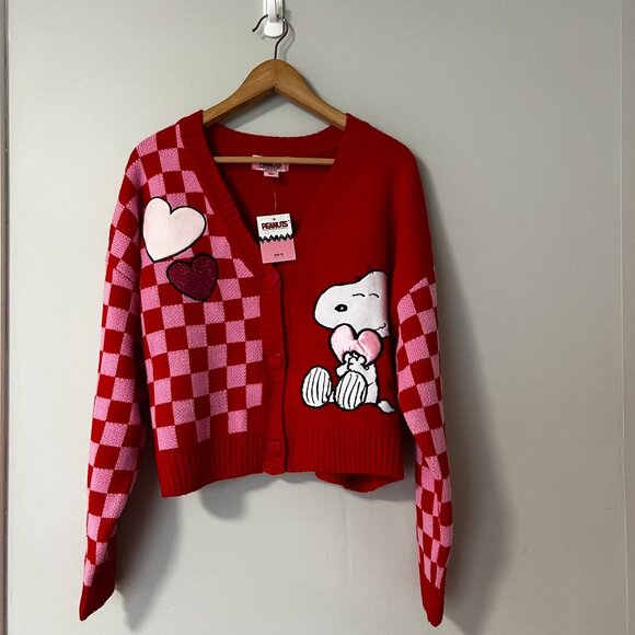 Peanuts Snoopy Valentine's Day Cardigan Sweater V-Neck XTRA-LARGE Red Checker - Picture 2 of 10